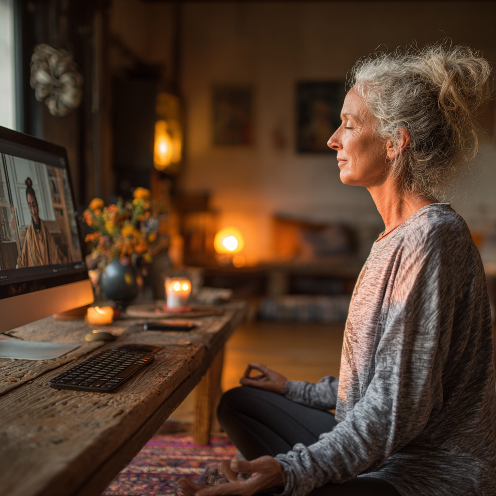 Жінка 52 років займається йогою онлайн у себе вдома, на екрані комп'ютера видно інструктора, створюючи затишну атмосферу домашньої практики