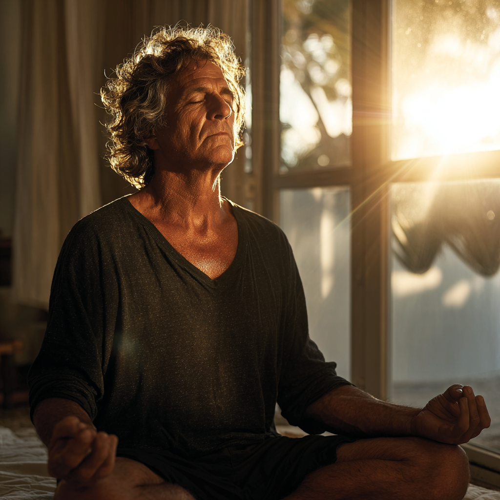 Чоловік 58 років медитує в позі лотоса біля вікна з природним освітленням, демонструючи глибоку концентрацію та внутрішній спокій
