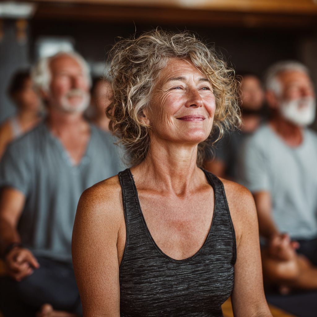 Група людей віком 50-60 років на пробному занятті йоги, всі усміхаються та виконують базові асани в затишній студії